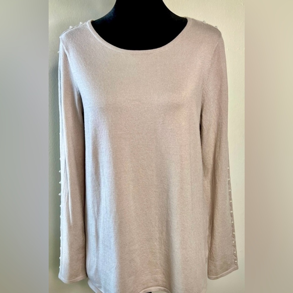 Soft surroundings beige tan scoop neck sweater pearl braided sleeves S EUC